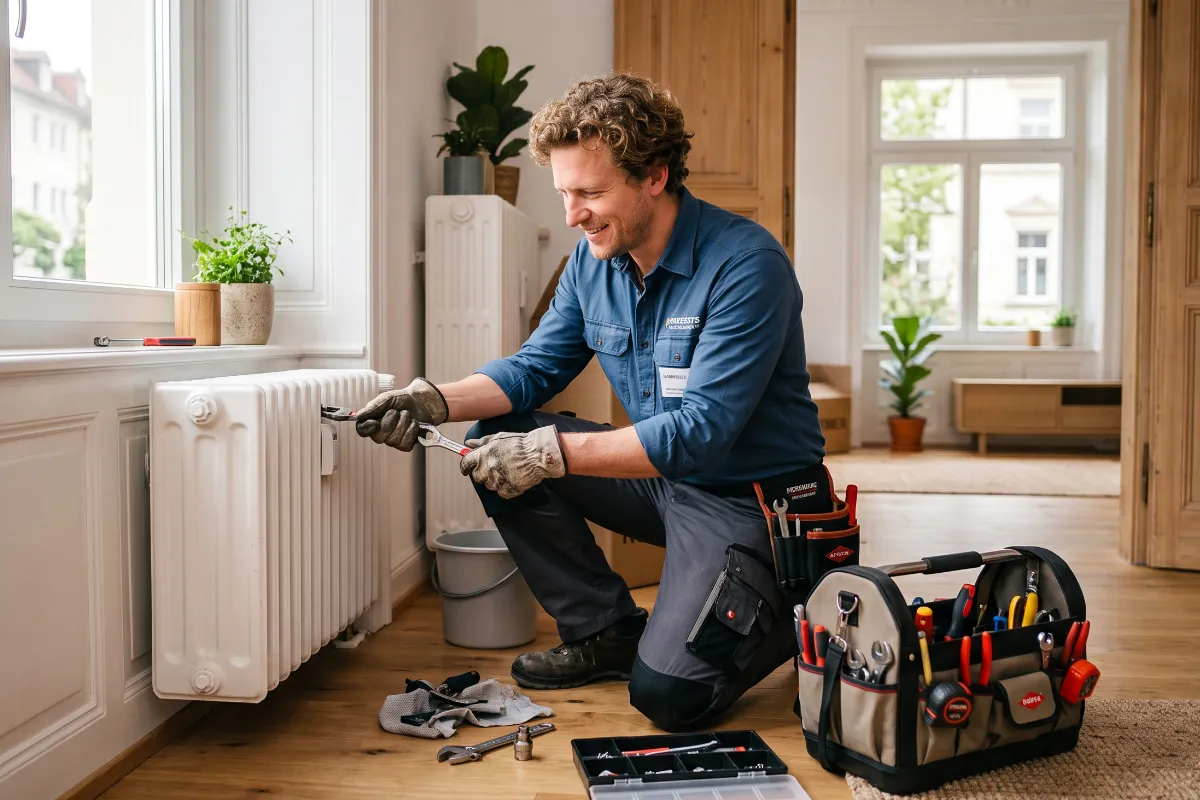 Handwerker bei einer Reparatur in einer Mietwohnung